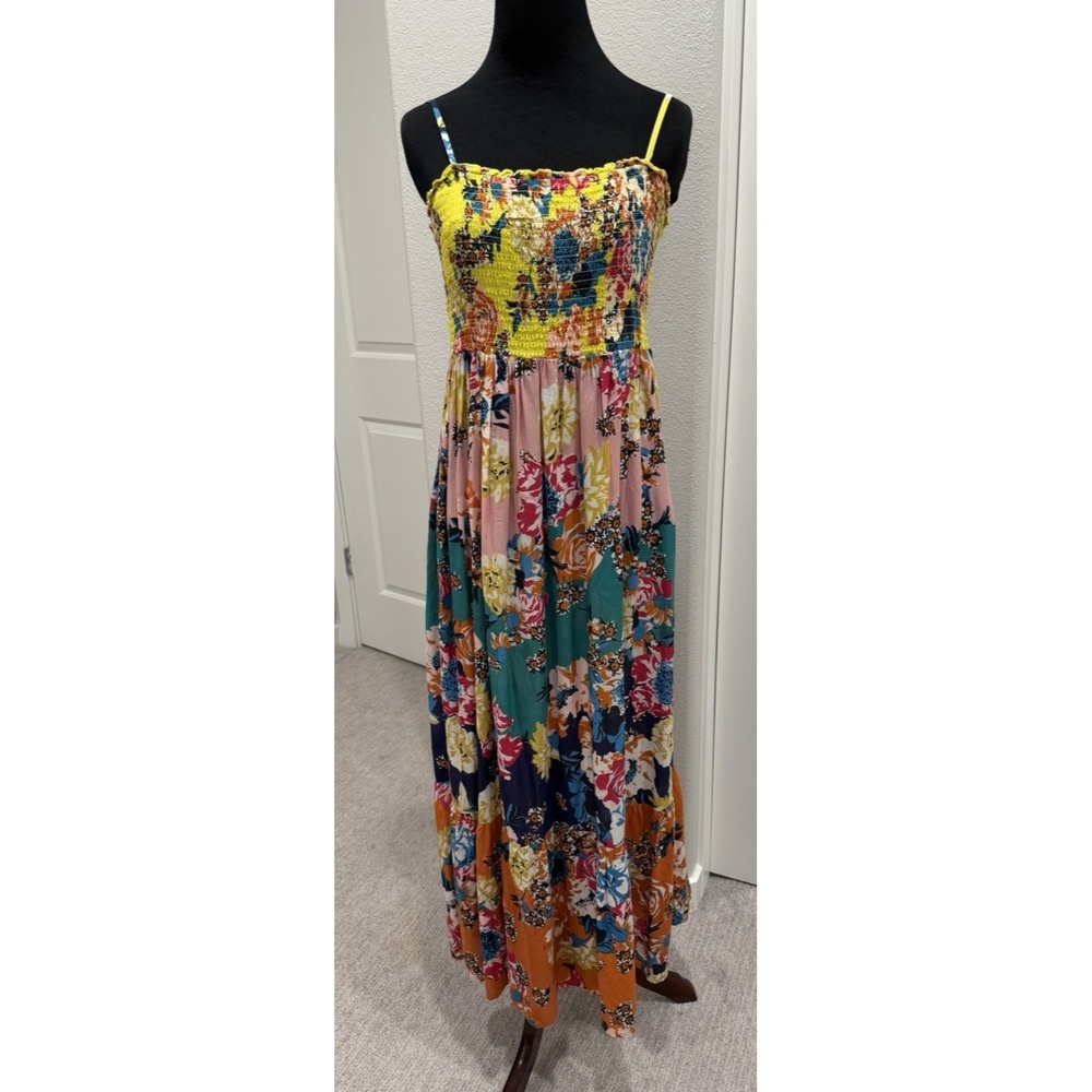 Anthropologie Yellow Smocked Bodice Maxi Tiered Dress Small Boho Resort Wear